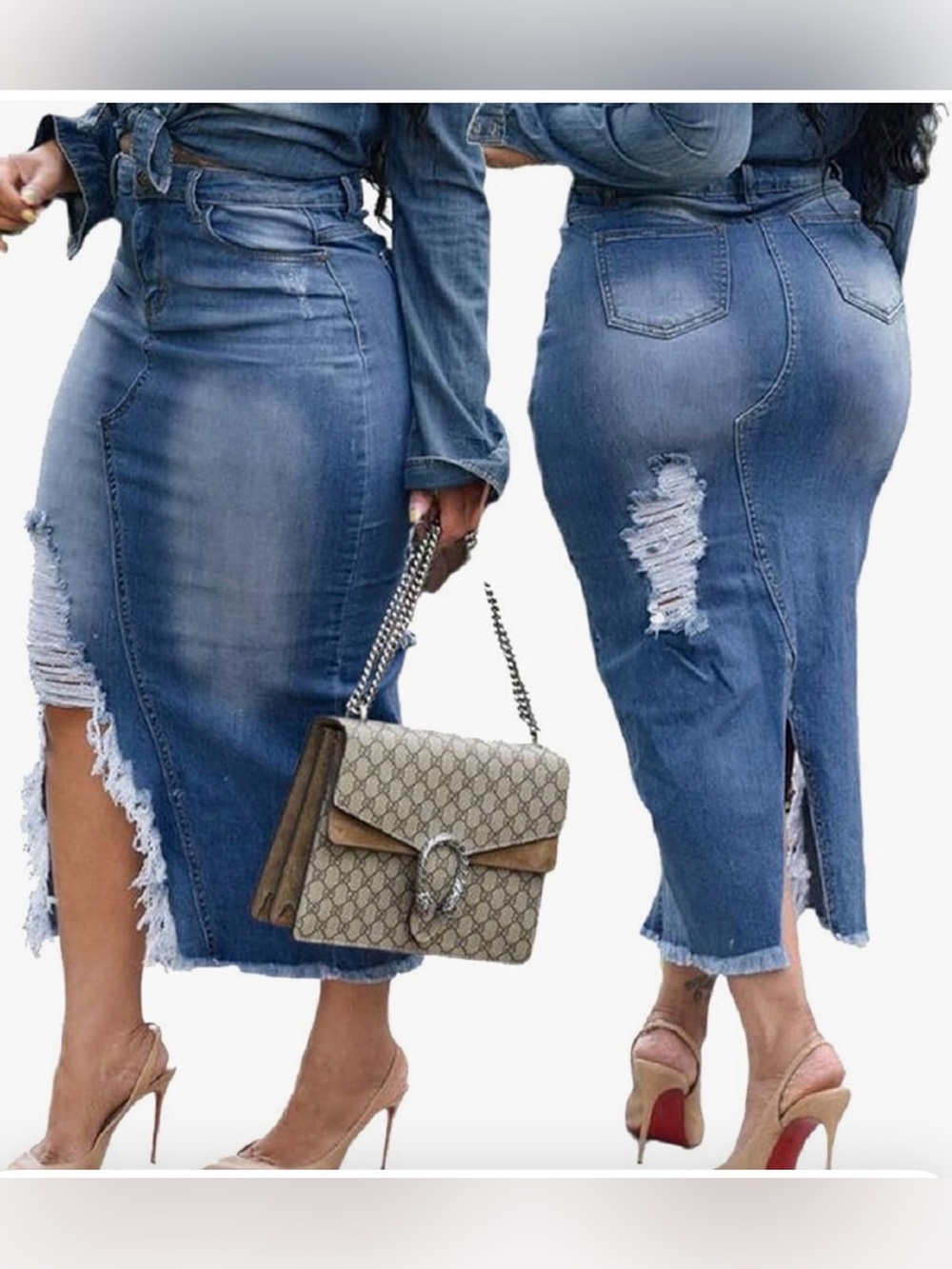 Distressed Light Blue Denim Midi Skirt